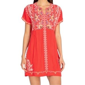 JOHNNY WAS WORKSHOP Red Uma Embroidered Tunic Mini Dress Size XL Boho Cotton